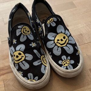 Vans Slip-On Sneakers - Black, Yellow & Light Blue Smiley Daisy